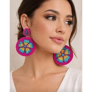 Kay Lee Pink Round Flower Pattern Glass Beaded Earrings New